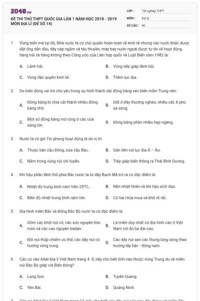 ĐỀ THI THỬ THPT QUỐC GIA LẦN 1 NĂM HỌC 2018 - 2019 MÔN ĐỊA LÍ (ĐẾ SỐ 14)
