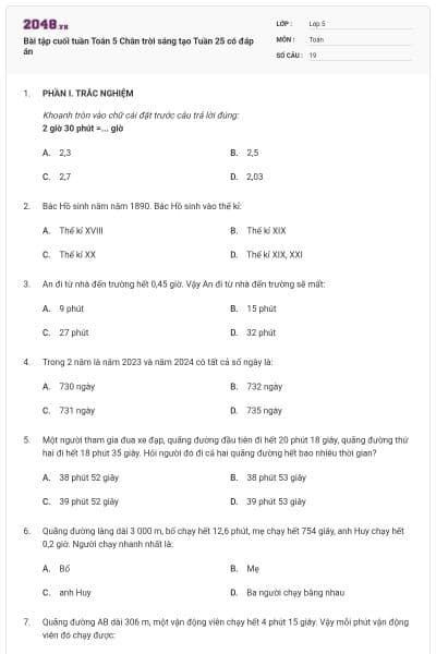 Bài tập cuối tuần Toán 5 Chân trời sáng tạo Tuần 25 có đáp án