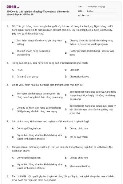 1000+ câu trắc nghiệm tổng hợp Thương mại điện tử căn bản có đáp án - Phần 16