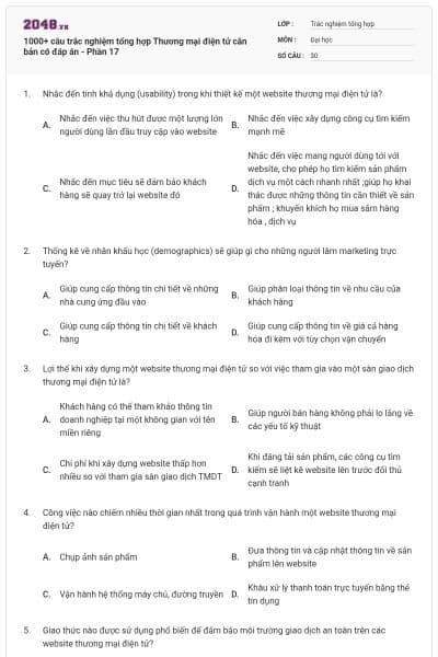1000+ câu trắc nghiệm tổng hợp Thương mại điện tử căn bản có đáp án - Phần 17