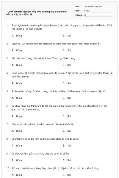 1000+ câu trắc nghiệm tổng hợp Thương mại điện tử căn bản có đáp án - Phần 18