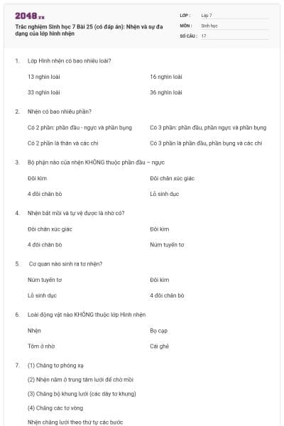 Trắc nghiệm Sinh học 7 Bài 25 (có đáp án): Nhện và sự đa dạng của lớp hình nhện