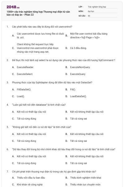 1000+ câu trắc nghiệm tổng hợp Thương mại điện tử căn bản có đáp án - Phần 22