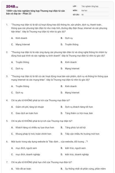 1000+ câu trắc nghiệm tổng hợp Thương mại điện tử căn bản có đáp án - Phần 23