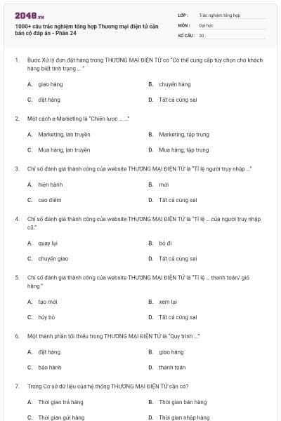 1000+ câu trắc nghiệm tổng hợp Thương mại điện tử căn bản có đáp án - Phần 24