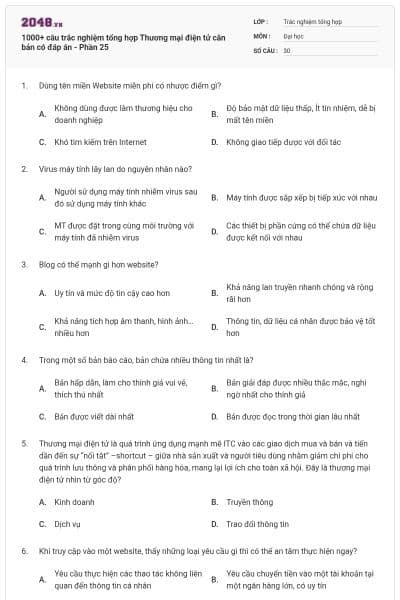 1000+ câu trắc nghiệm tổng hợp Thương mại điện tử căn bản có đáp án - Phần 25