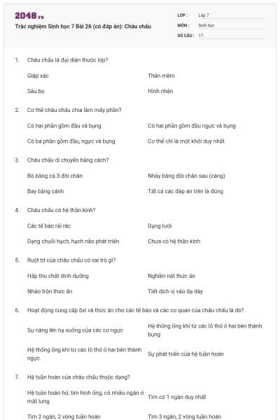 Trắc nghiệm Sinh học 7 Bài 26 (có đáp án): Châu chấu