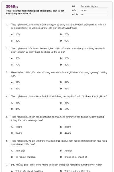 1000+ câu trắc nghiệm tổng hợp Thương mại điện tử căn bản có đáp án - Phần 32
