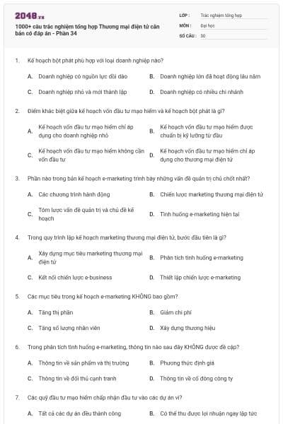 1000+ câu trắc nghiệm tổng hợp Thương mại điện tử căn bản có đáp án - Phần 34