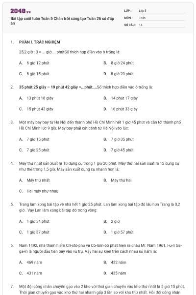 Bài tập cuối tuần Toán 5 Chân trời sáng tạo Tuần 26 có đáp án