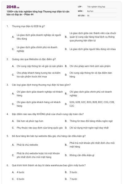 1000+ câu trắc nghiệm tổng hợp Thương mại điện tử căn bản có đáp án - Phần 44