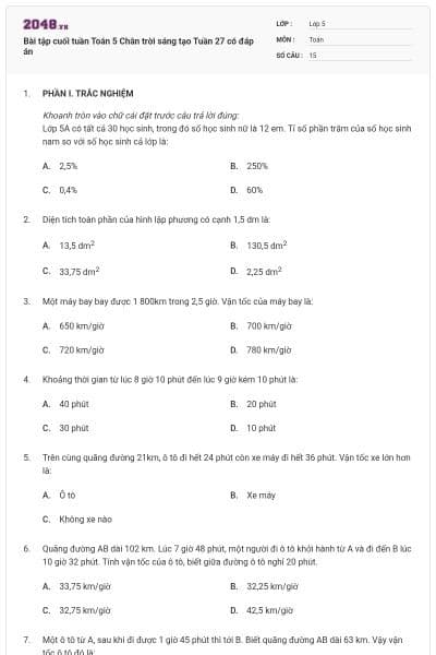 Bài tập cuối tuần Toán 5 Chân trời sáng tạo Tuần 27 có đáp án