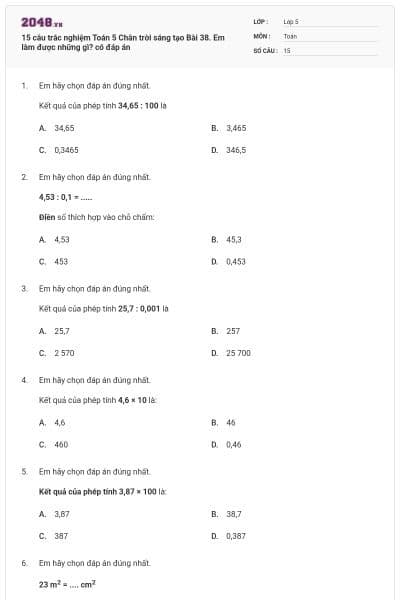 15 câu trắc nghiệm Toán 5 Chân trời sáng tạo Bài 38. Em làm được những gì? có đáp án