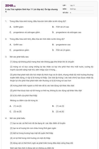 6 câu Trắc nghiệm Sinh Học 11 (có đáp án): Ôn tập chương 4