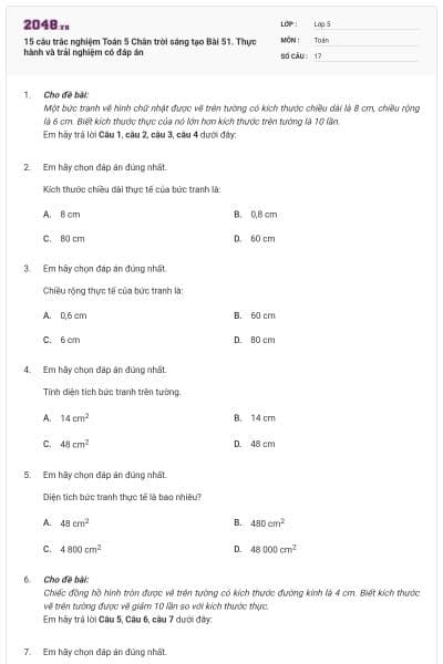 15 câu trắc nghiệm Toán 5 Chân trời sáng tạo Bài 51. Thực hành và trải nghiệm có đáp án