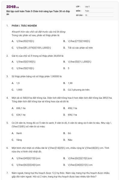 Bài tập cuối tuần Toán 5 Chân trời sáng tạo Tuần 30 có đáp án