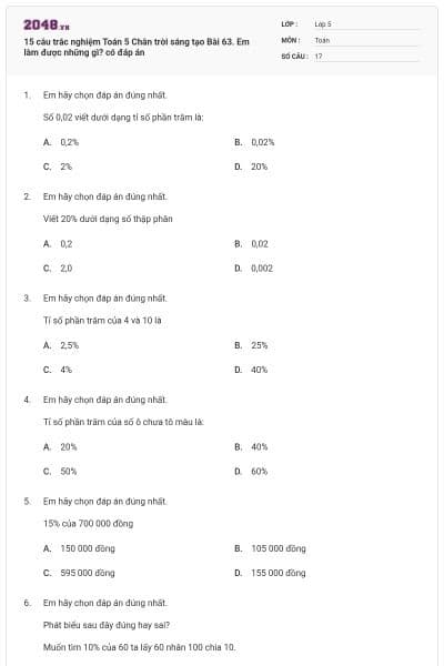 15 câu trắc nghiệm Toán 5 Chân trời sáng tạo Bài 63. Em làm được những gì? có đáp án