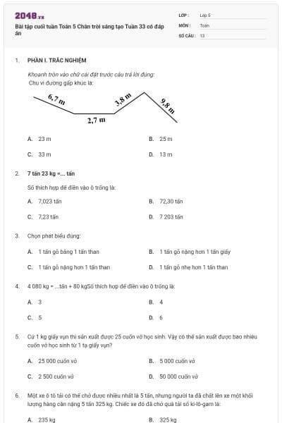 Bài tập cuối tuần Toán 5 Chân trời sáng tạo Tuần 33 có đáp án