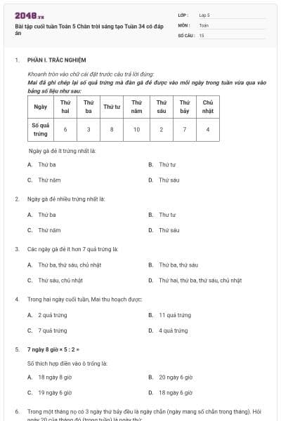 Bài tập cuối tuần Toán 5 Chân trời sáng tạo Tuần 34 có đáp án