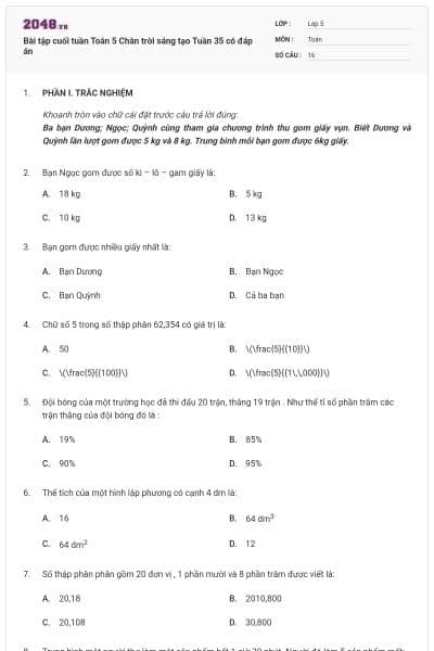 Bài tập cuối tuần Toán 5 Chân trời sáng tạo Tuần 35 có đáp án