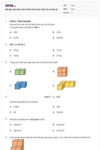 Bài tập cuối tuần Toán 5 Kết nối tri thức Tuần 22 có đáp án
