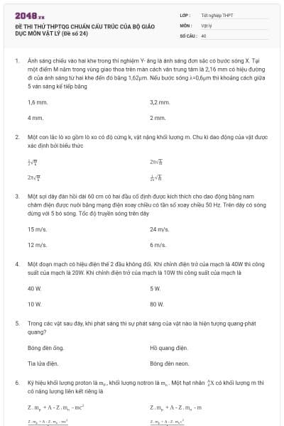ĐỀ THI THỬ THPTQG CHUẨN CẤU TRÚC CỦA BỘ GIÁO DỤC MÔN VẬT LÝ (Đề số 24)