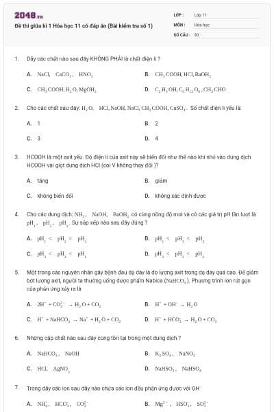 Đề thi giữa kì 1 Hóa học 11 có đáp án (Bài kiểm tra số 1)