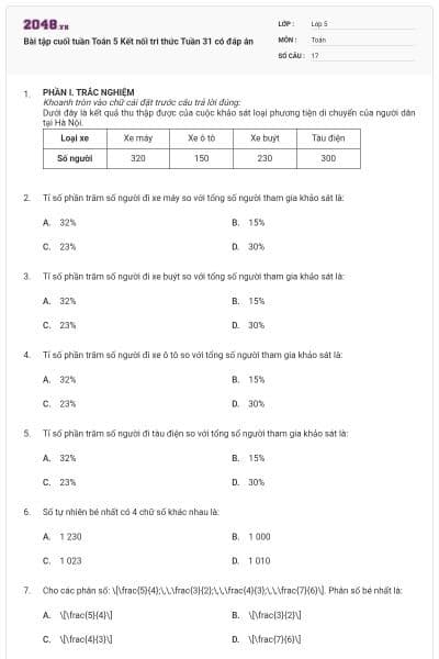 Bài tập cuối tuần Toán 5 Kết nối tri thức Tuần 31 có đáp án