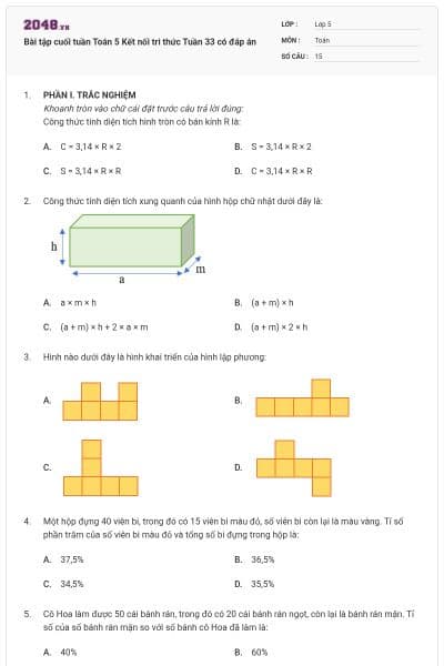 Bài tập cuối tuần Toán 5 Kết nối tri thức Tuần 33 có đáp án