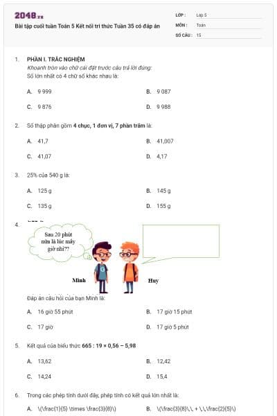 Bài tập cuối tuần Toán 5 Kết nối tri thức Tuần 35 có đáp án