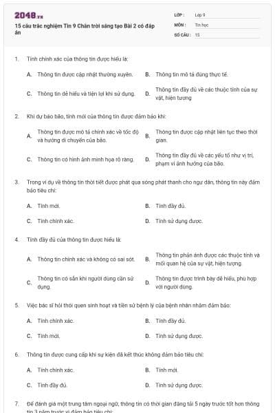 15 câu trắc nghiệm Tin 9 Chân trời sáng tạo Bài 2 có đáp án