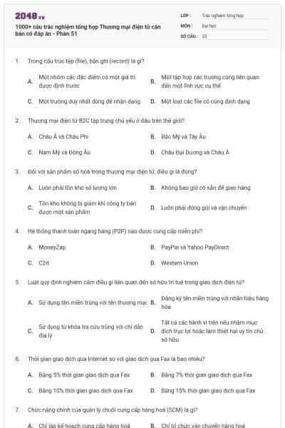 1000+ câu trắc nghiệm tổng hợp Thương mại điện tử căn bản có đáp án - Phần 51