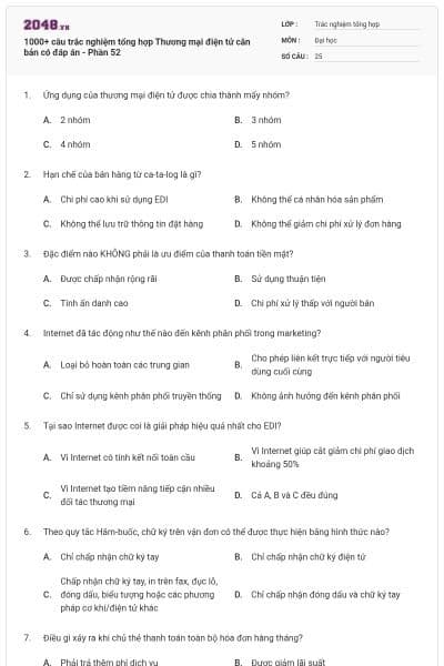 1000+ câu trắc nghiệm tổng hợp Thương mại điện tử căn bản có đáp án - Phần 52