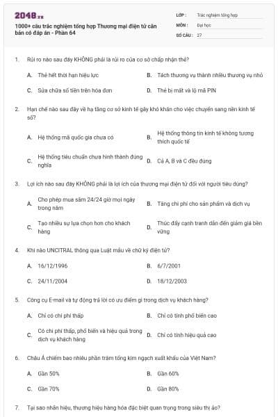 1000+ câu trắc nghiệm tổng hợp Thương mại điện tử căn bản có đáp án - Phần 64