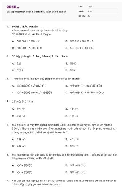 Bài tập cuối tuần Toán 5 Cánh diều Tuần 35 có đáp án