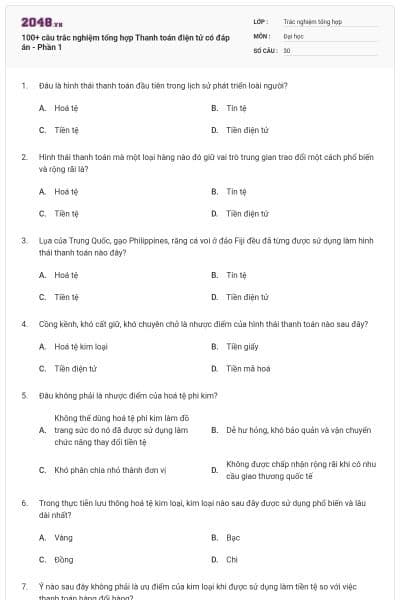 100+ câu trắc nghiệm tổng hợp Thanh toán điện tử có đáp án - Phần 1