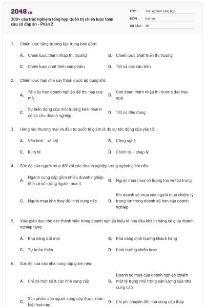 300+ câu trắc nghiệm tổng hợp Quản trị chiến lược toàn cầu có đáp án - Phần 2