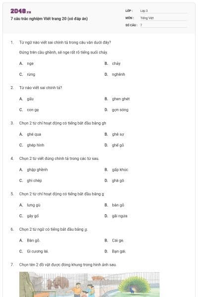 7 câu trắc nghiệm Viết trang 20 (có đáp án)
