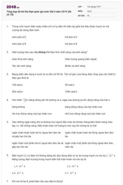 Tổng hợp đề thi thử thpt quốc gia môn Vật lí năm 2019 (đề số 18)