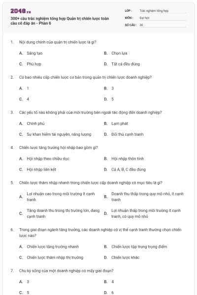 300+ câu trắc nghiệm tổng hợp Quản trị chiến lược toàn cầu có đáp án - Phần 6