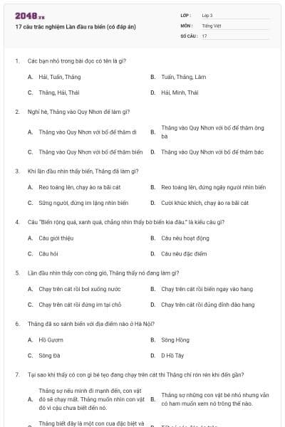 17 câu trắc nghiệm Lần đầu ra biển (có đáp án)