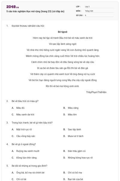 5 câu trắc nghiệm Đọc mở rộng (trang 23) (có đáp án)