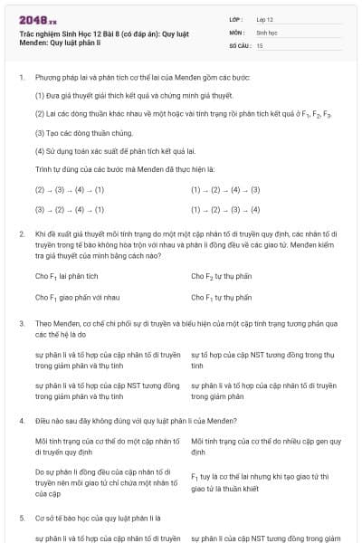 Trắc nghiệm Sinh Học 12 Bài 8 (có đáp án): Quy luật Menđen: Quy luật phân li