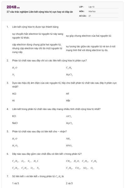 27 câu trắc nghiệm Liên kết cộng hóa trị cực hay có đáp án