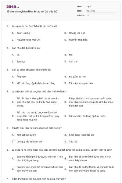 15 câu trắc nghiệm Nhật kí tập bơi (có đáp án)