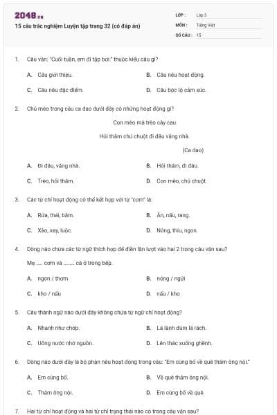 15 câu trắc nghiệm Luyện tập trang 32 (có đáp án)