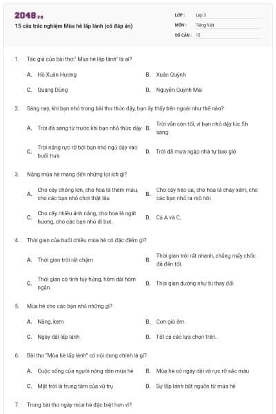 15 câu trắc nghiệm Mùa hè lấp lánh (có đáp án)