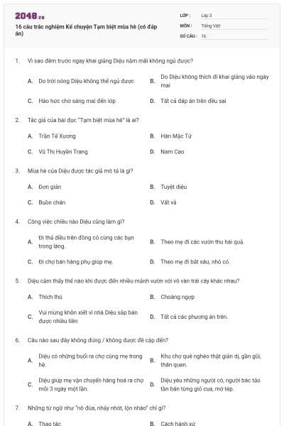 16 câu trắc nghiệm Kể chuyện Tạm biệt mùa hè (có đáp án)