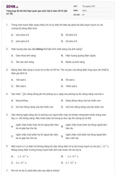 Tổng hợp đề thi thử thpt quốc gia môn Vật lí năm 2019 (đề số 18)