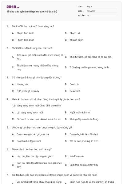 15 câu trắc nghiệm Đi học vui sao (có đáp án)